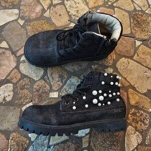 AKID Kids Black Denim Pearly Studded Boots Lace-Up & Side Zipper Size 10C